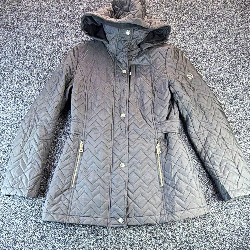 Calvin Klein Womens PS Petite Black Quilted Chevron Hooded Lined Zip Snap